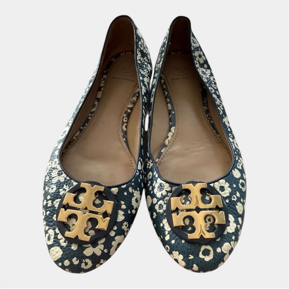 Tory Burch Reva Ballet Flats Womens 8 Navy White Floral Leather Gold Logo Good - Picture 8 of 15